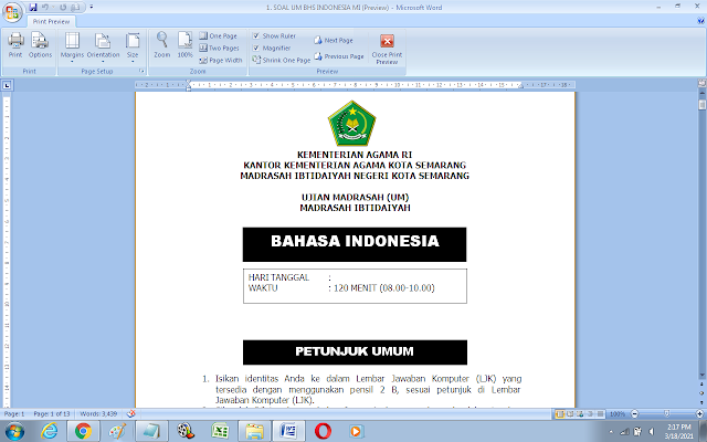 Contoh Soal Ujian Madrasah (UM) Bhs. Indonesia Madrasah Ibtidaiyah Tahun 2021