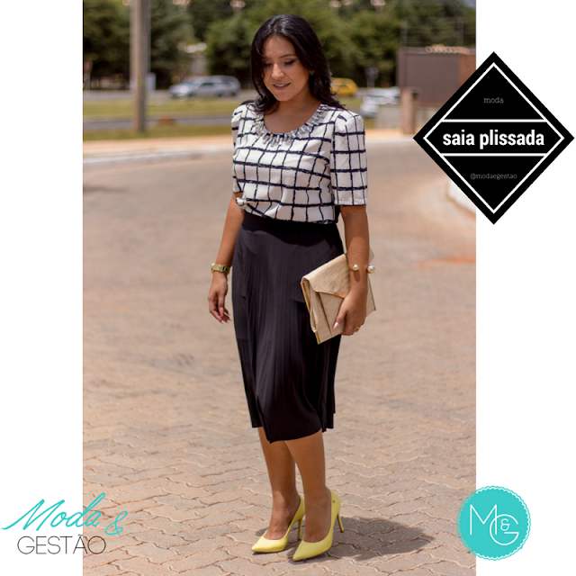 Saia plissada + blusa p&b