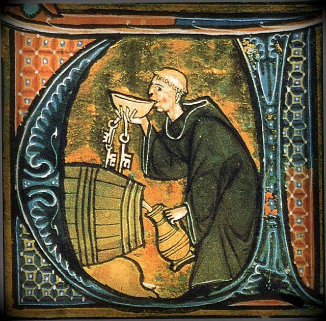 Miniatura di monaco che preleva il vino da una botte e lo beve - Libro dei santi di  Aldobrandino di Siena. Manoscritto del XIII sec.