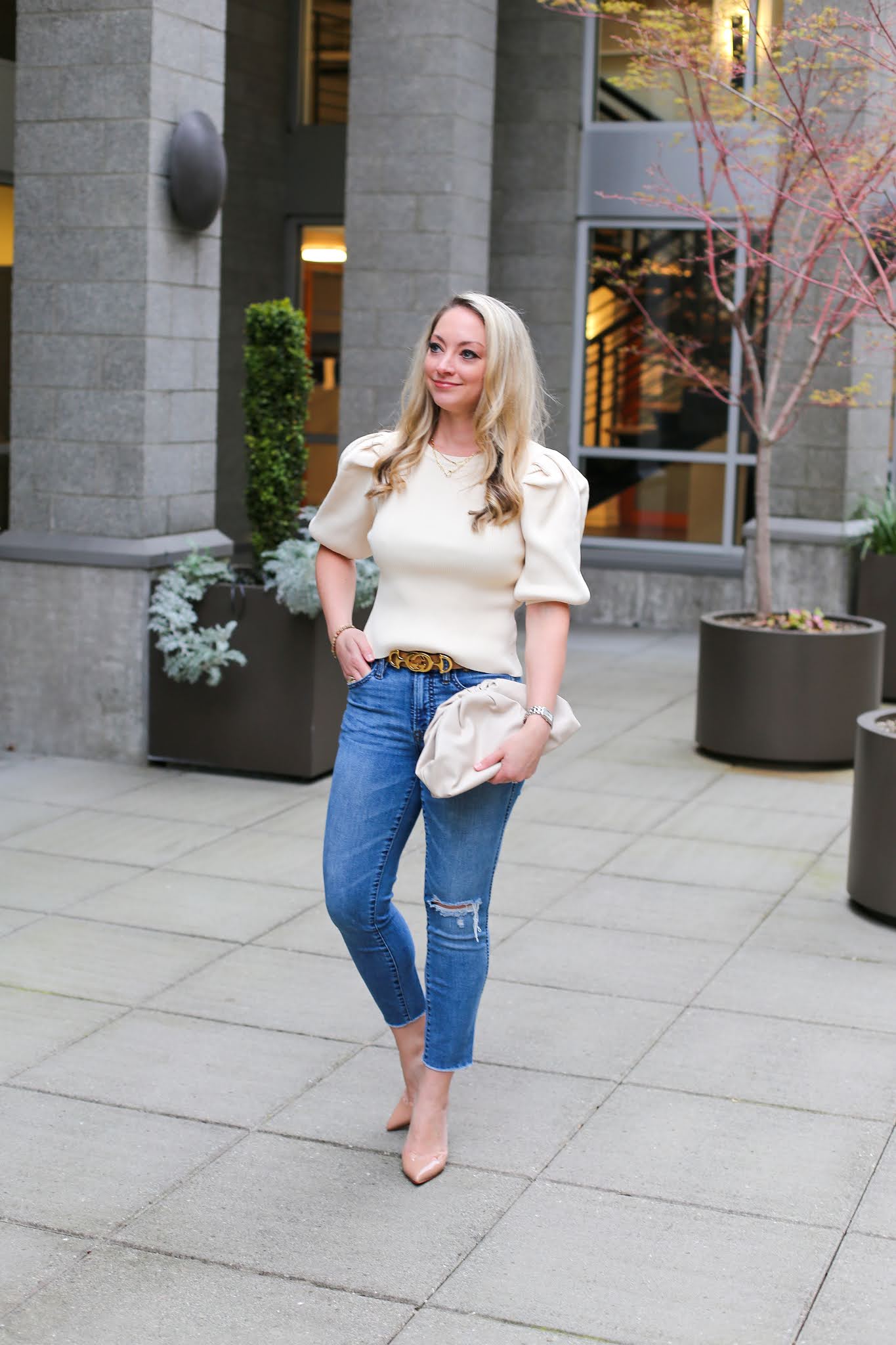Spring Style: Puffed Sleeve Knit Top + Gold Layered Necklaces