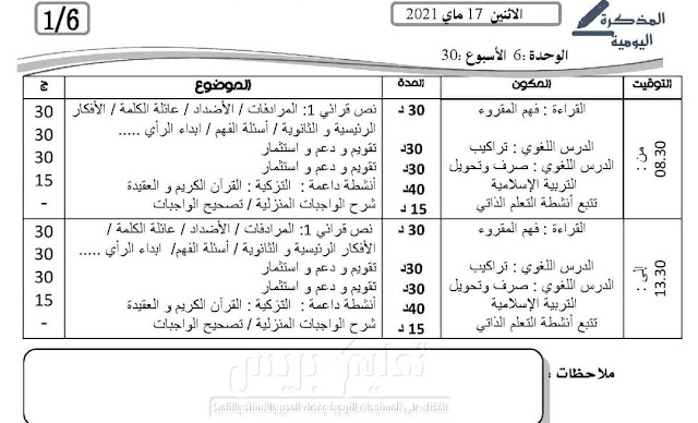 تعبئة المذكرة اليومية لفترة الدعم للابتدائي ابتداء من 17 ماي 2021