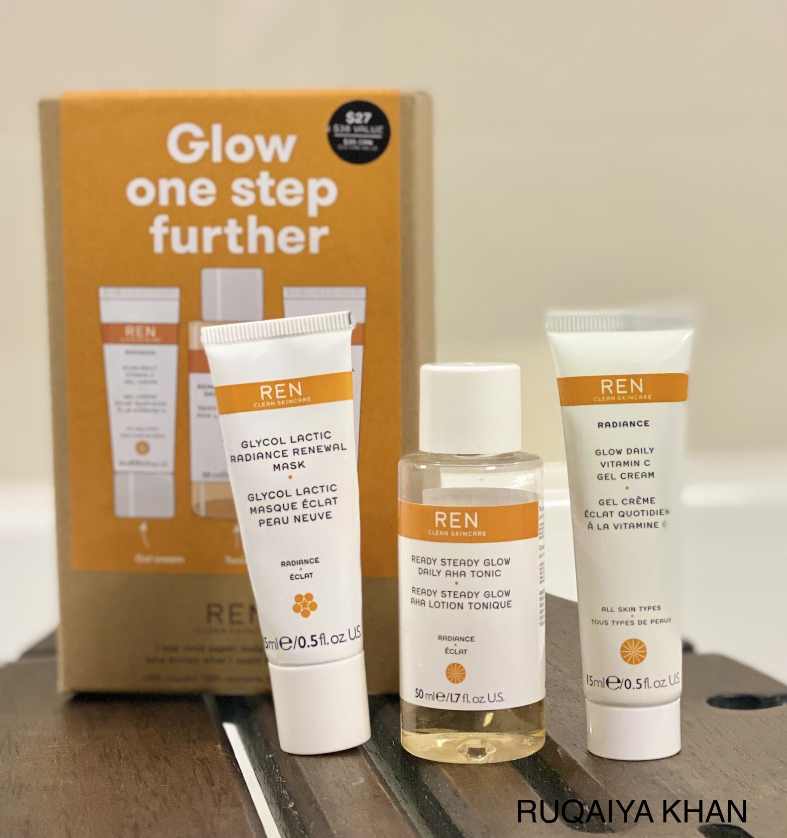 Ruqaiya Khan REN Clean Skincare Glow One Step Further Set Daily AHA Tonic, Glycolic Renewal