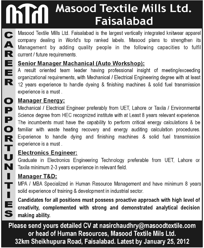 Masood Textile Mills Ltd. Faisalabad Jobs Opportunities PK Jobs