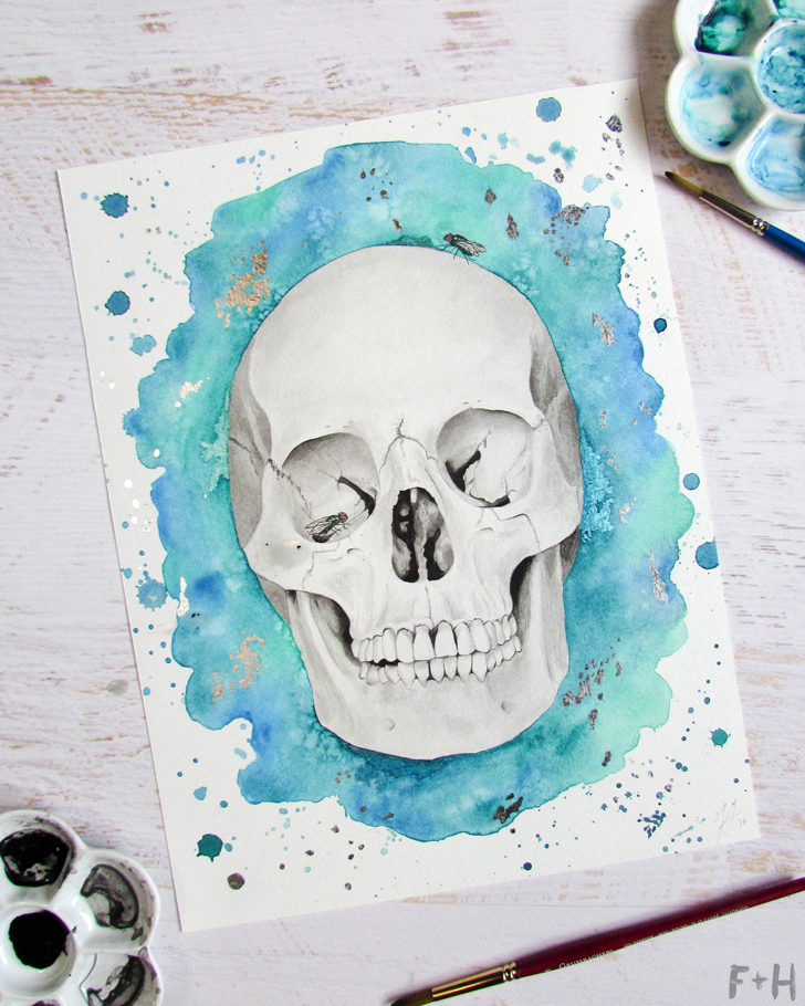 turquoise watercolor human skull painting