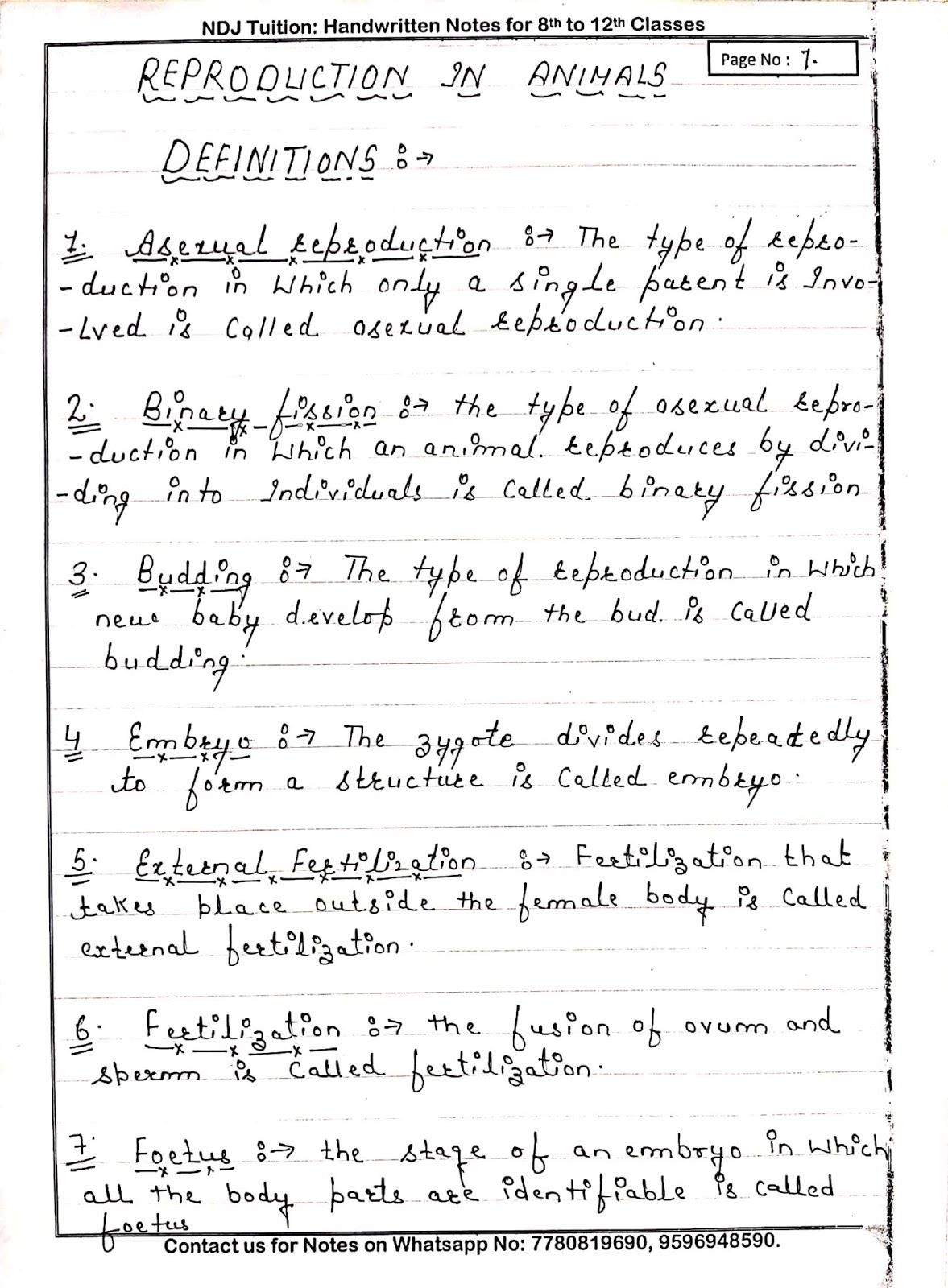 Reproduction in Animals Handwritten Notes for 8th Class Science
