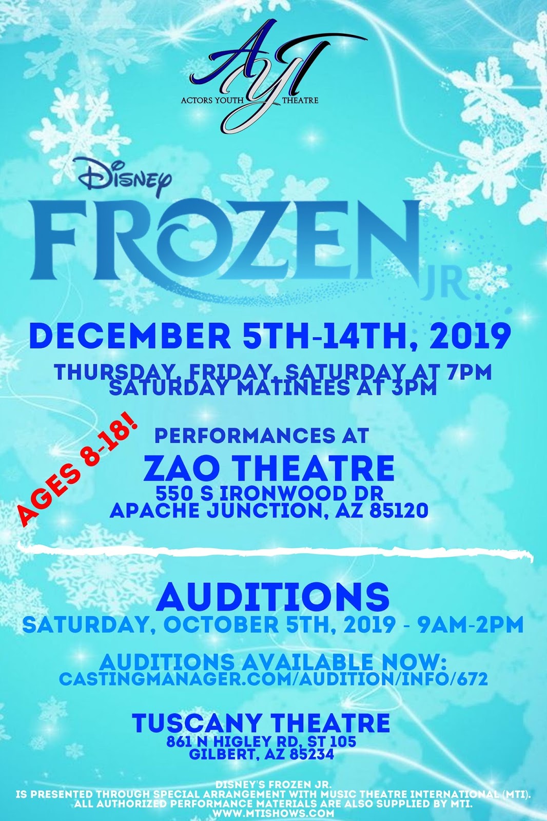 PHX Stages audition notice DISNEY FROZEN, JR Actor's Youth Theatre