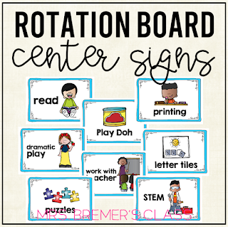 Center Cards for Rotation Boards, including 90 cards plus editable templates! #teachertips #kindergarten #teacherhacks #classroomsetup #backtoschool #centers #rotationboard #centersigns