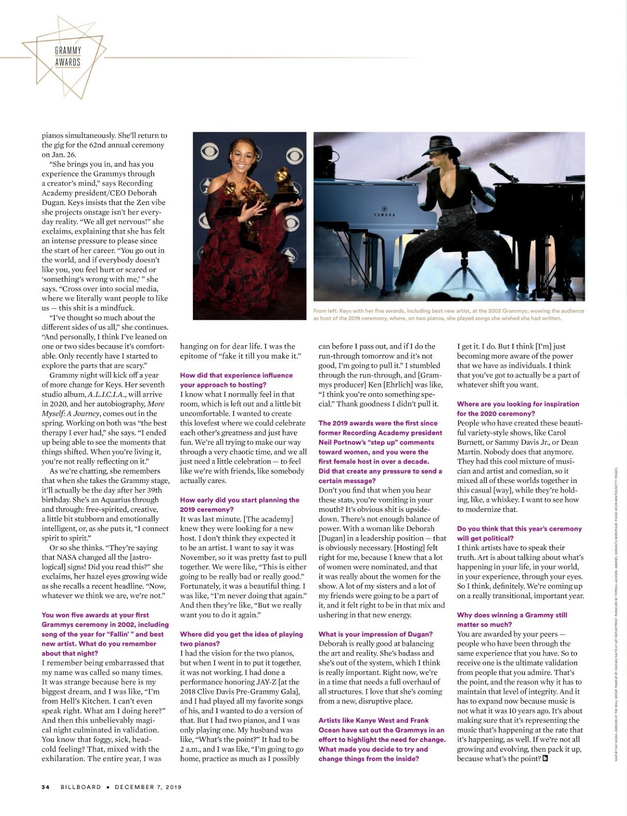 Alicia Keys features on the cover of Billboard Magazine; talks about