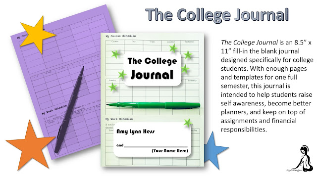 The College Journal is an 8.5" x 11" fill-in-the-blank journal specifically designed for first-year college students. It includes prompts and templates to help you raise your self awareness, take financial responsibility, and keep track of important deadlines, meetings, and assignments. 