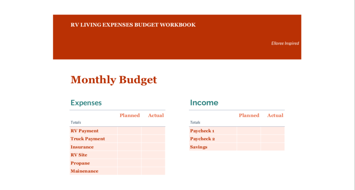 RV Living Expenses and Budget Worksheet