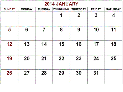January 2014 Calendar Printable - 2014 January Jpg