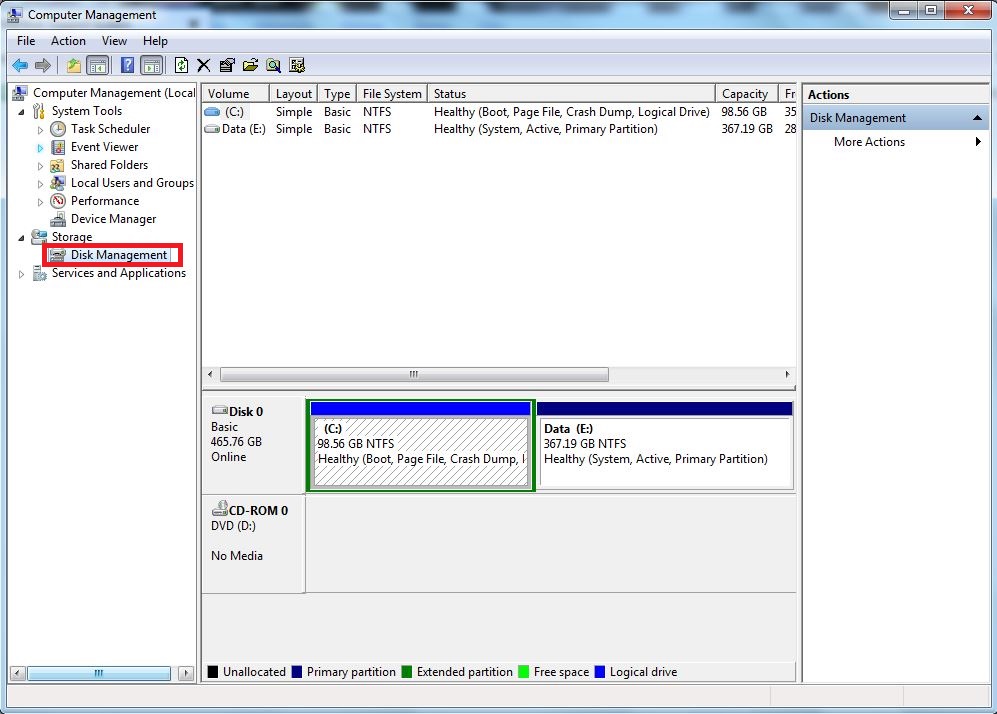 How to open disk management in windows 7