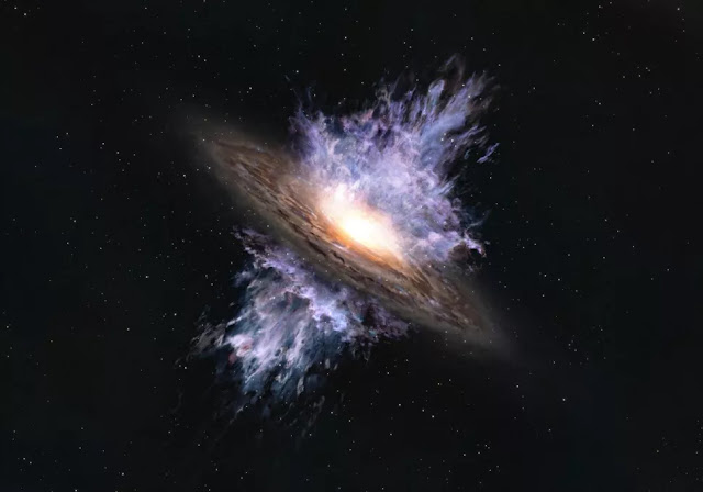 Ilustração artístisca mostra ventos sendo ejetados por buraco negro supermassivo de uma galáxia - ALMA