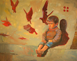Pintura de un niño sentado sobre una pared, con dibujos de pájaros en ella.