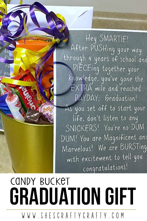 She's Crafty Candy Bucket Graduation Gift with free printable