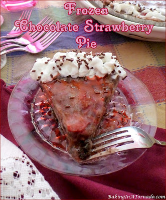 Frozen Chocolate Strawberry Pie is a no bake dessert that can be prepared in minutes. Just freeze to set, garnish, and serve. | Recipe developed by www.BakingInATornado.com | #recipe #dessert