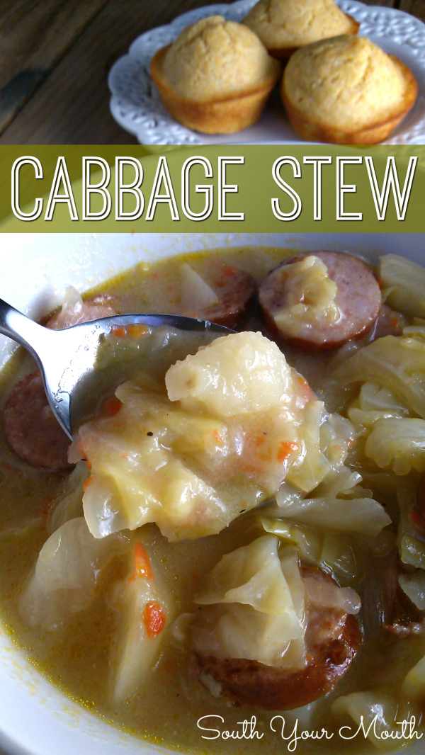 An easy, hearty stew recipe made with cabbage, smoked sausage or kielbasa and potatoes. #irish #stew #cabbage #potaotes #kielbasa #recipe