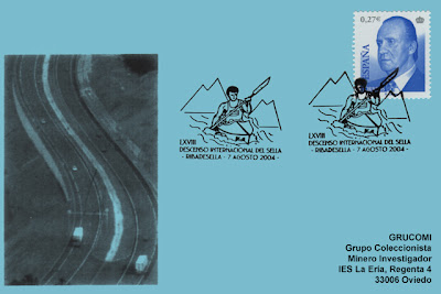 tarjeta, Ribadesella, piraguas, matasellos, filatelia, descenso, Sella