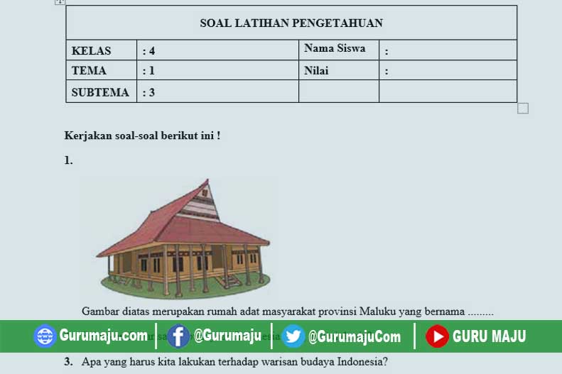 Soal UH / PH Kelas 4 Tema 1 Kurikulum 2013 Revisi Tahun