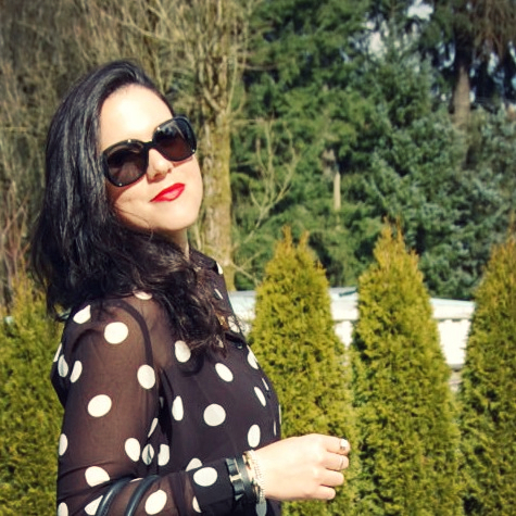 Polka dot blouse, J brand jodphurs, Zara colorblock heels and a Celine Mini Luggage bag.