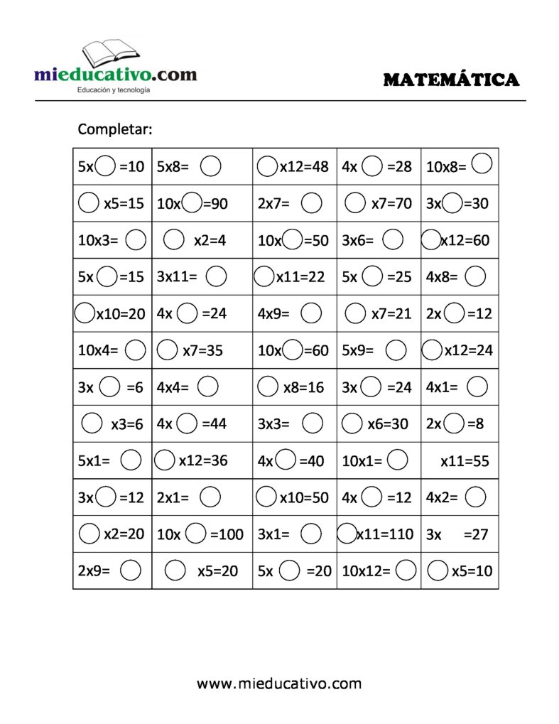 Ejercicios De Multiplicaciones Para Completar Segundo Grado Primaria