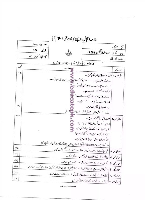 AIOU Past Paper Course Code 258 Matric Level