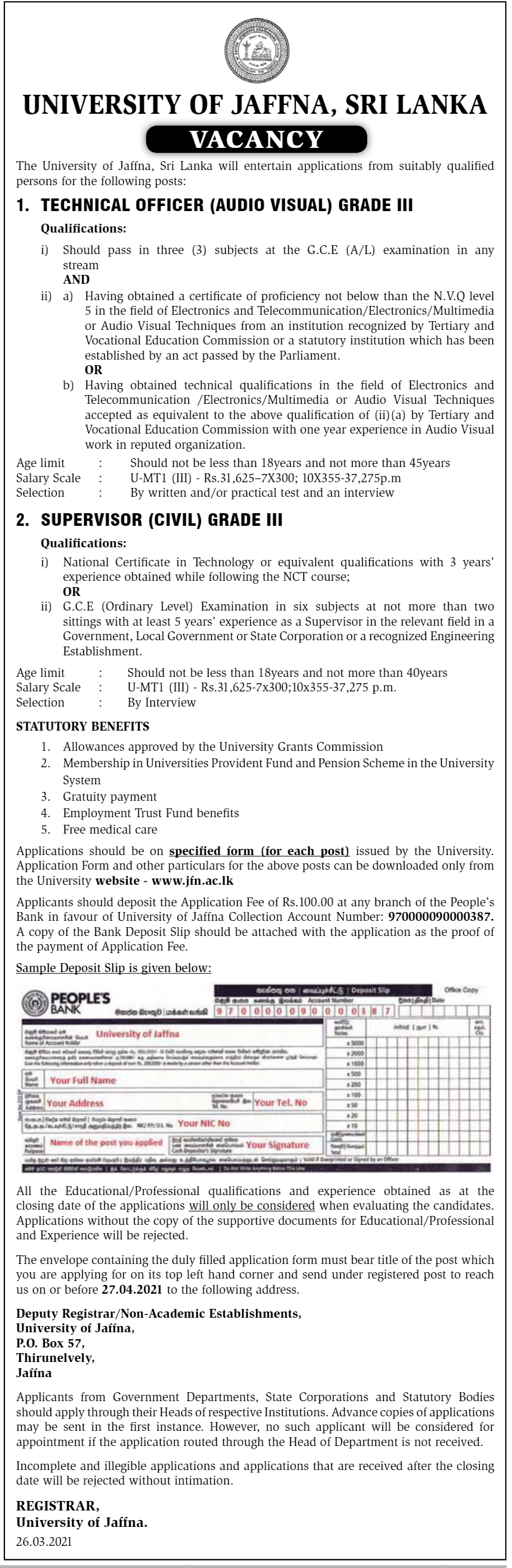 Technical Officer (Audio Visual), Supervisor (Civil) University of