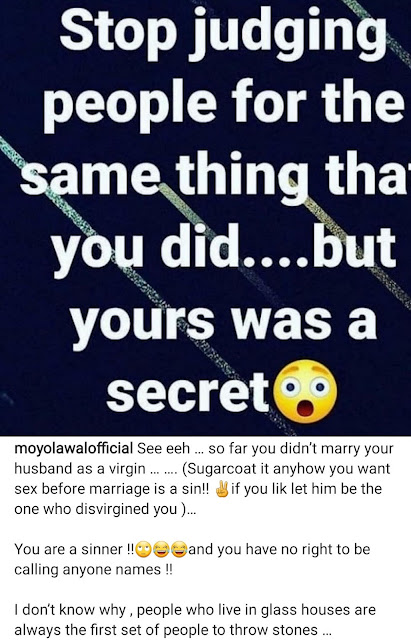 As long as you didn't marry a virgin, you are also a sinner- Moyo Lawal slams older women who judge younger women for the same things they did