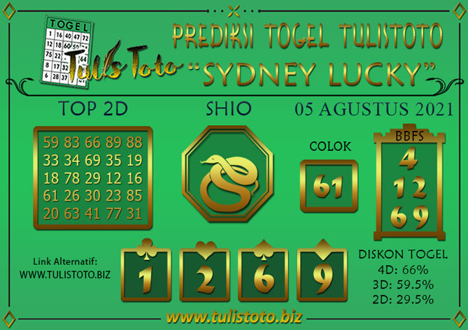 Prediksi Togel SYDNEY LUCKY TODAY TULISTOTO 05 AGUSTUS 2021