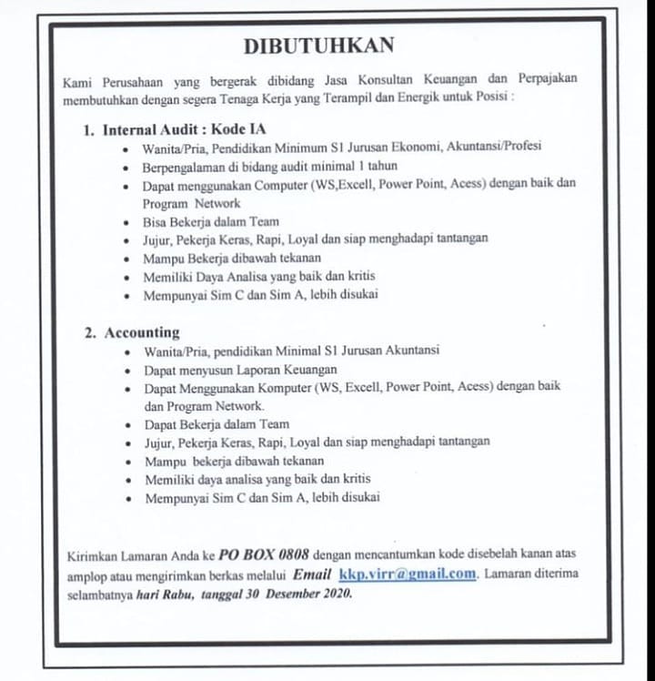 Lowongan Kerja S1 Akuntansi dan S1 Ekonomi Desember 2020 - Karir Riau