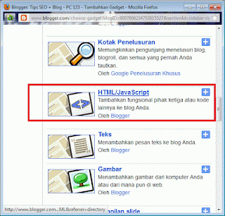 Cara Mudah Membuat / Memasang Menu Dropdown/Combo Box di Blogger/Blogspot - Pada window Tambahkan Gadget, klik HTML/Javascript, lalu lanjutkan ke step selanjutnya.