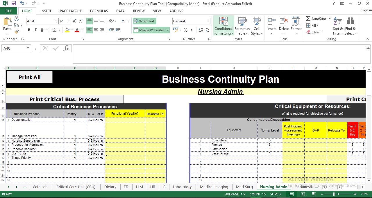 Business Continuity Plan Template in Excel For Business Impact Analysis Template Xls