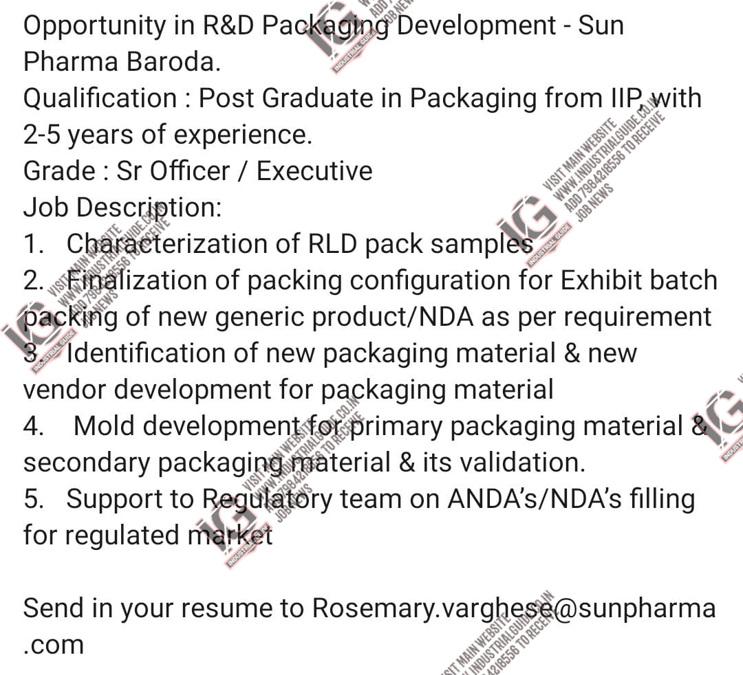 Sun Pharma Vadodara jobs for Packaging Development apply now