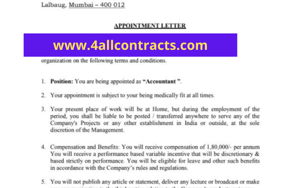 Appointment letter pdf Sample contracts