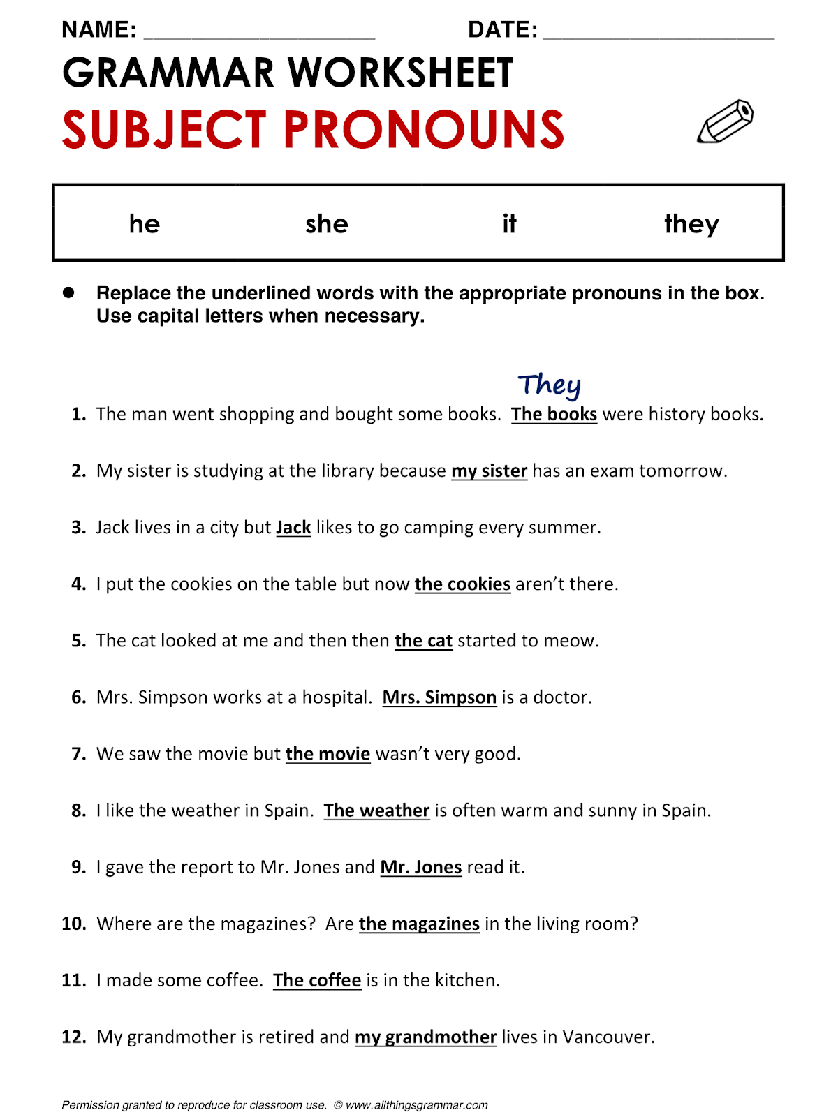 Pronoun Worksheet 4th Grade