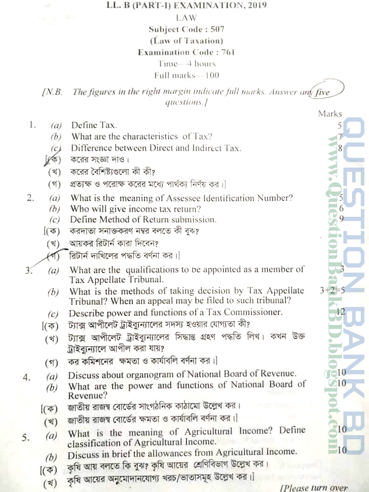 Question Bank BD Law of Taxation NU LLB (PartI) Exam2019