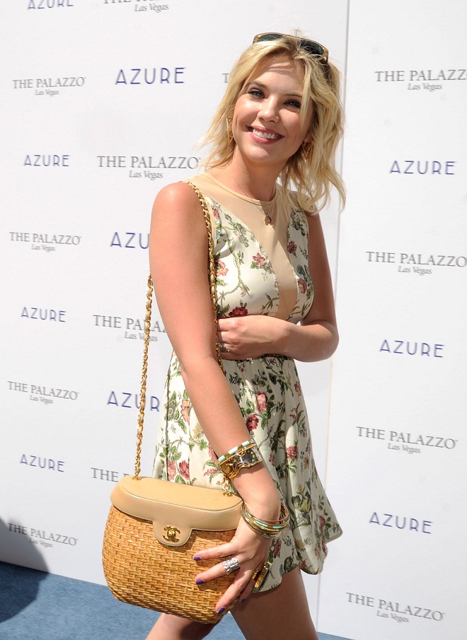 Ashley Benson wears a floral mini dress at the Azure Pool Party in Las