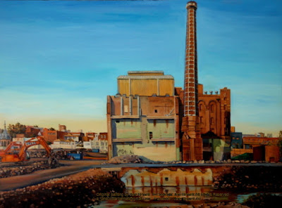 Plein air oil painting of the Carleton United Brewery site in Chippendale painted by industrial heritage artist Jane Bennett