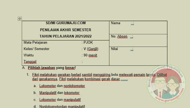 Soal UAS / PAS PJOK Kelas 6 Semester 1 K13 GURU MAJU