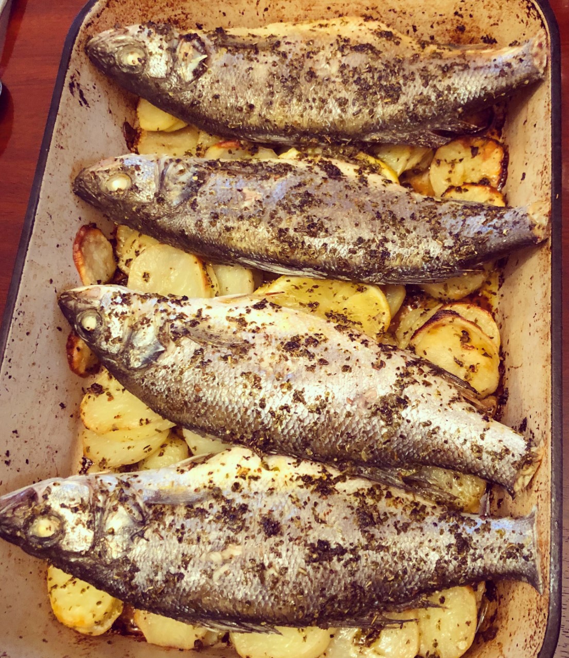 Whole Baked Sea Bass with Garlic and Oregano Potatoes
