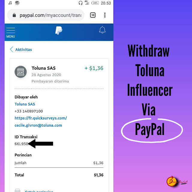 Redeem poin Toluna Influencer global via PayPal