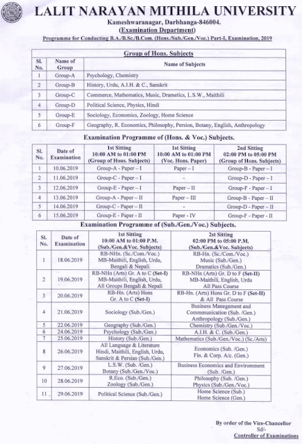 Darbhanga University Part 1 Exam Date 2019