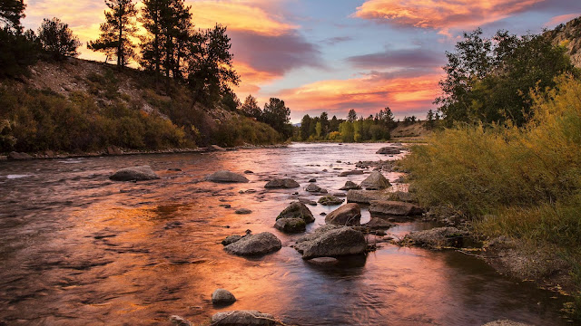 Landscape, sunset clouds, river, stones, forest wallpaper Landscape, sunset clouds, river, stones, forest wallpaper