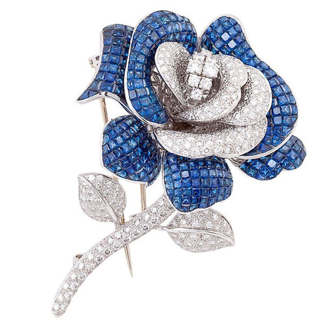 Sapphire Diamond Rose Brooch in White Gold