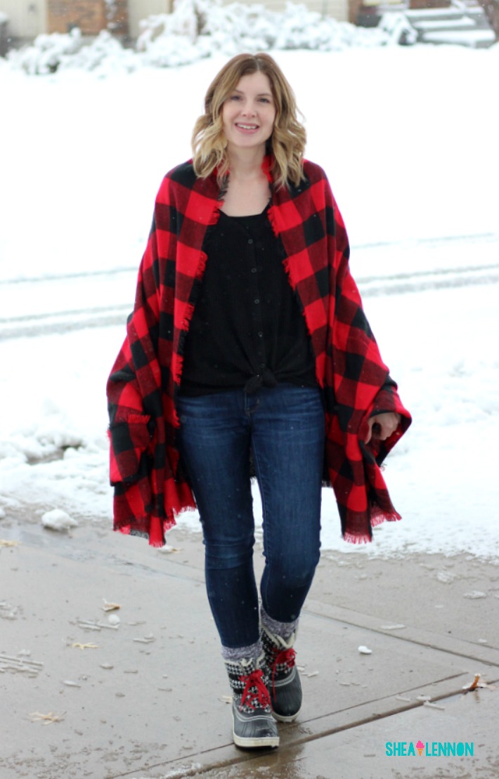 Cozy winter outfit: Plaid wrap and snow boots | shealennon.com
