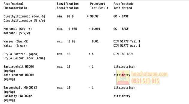 Bảng Tiêu Chuẩn Kỹ Thuật của DMF BASF Bảng Tiêu Chuẩn Kỹ Thuật của DMF BASF
