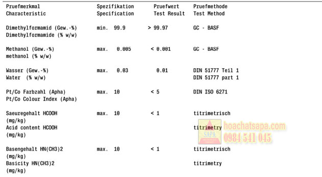 Bảng Tiêu Chuẩn Kỹ Thuật của DMF BASF
