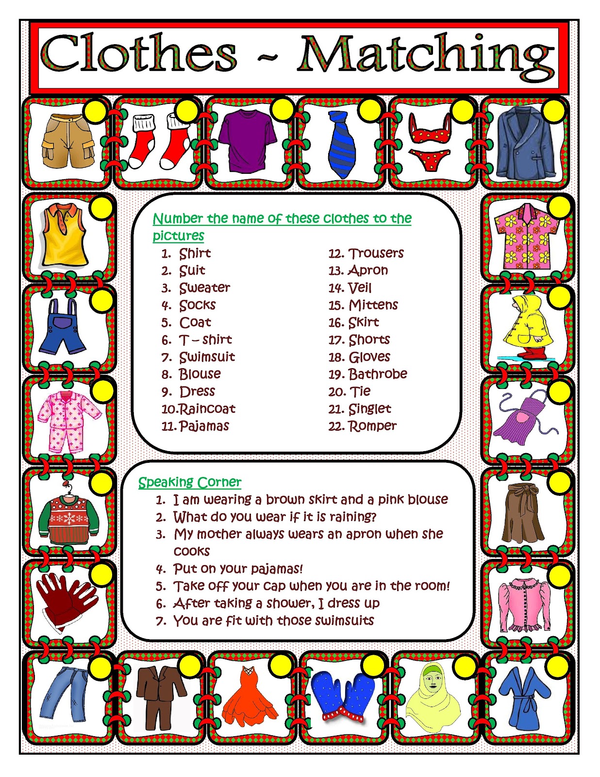 My English Class Clothes Matching (English Printable Worksheet)
