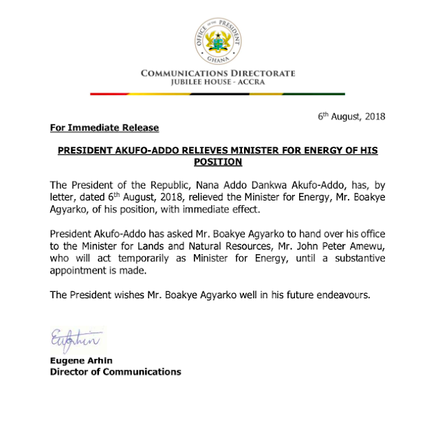 President Akufo-Addo Sacks The Energy Minister, Boakye Agyarko