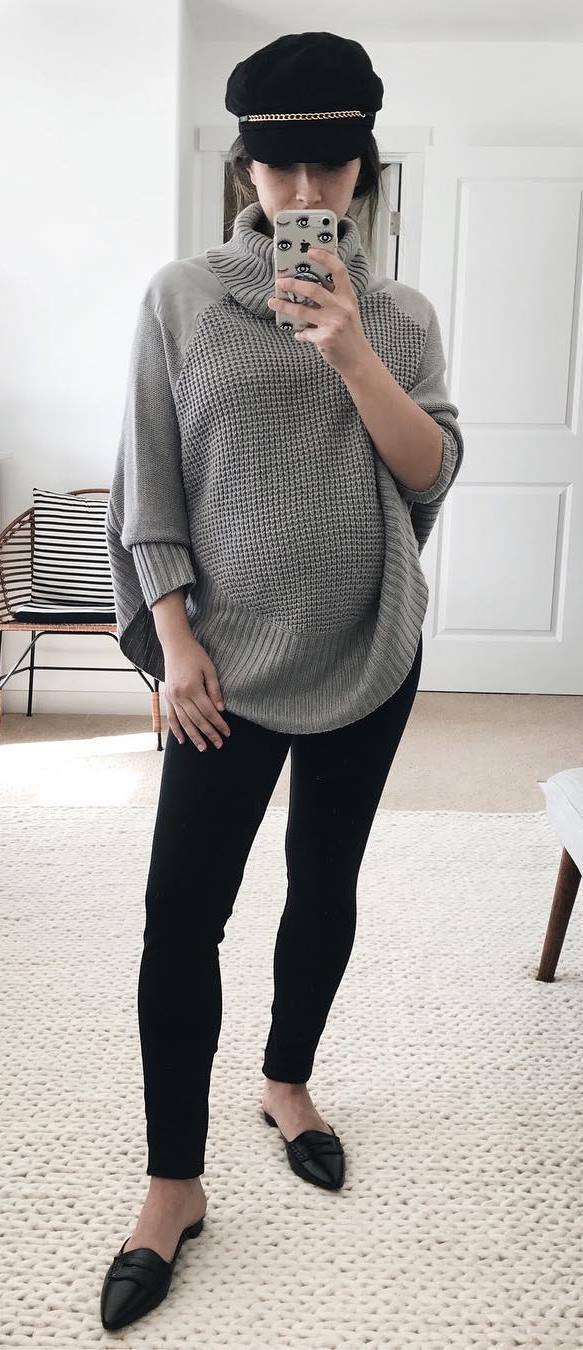 how to wear a grey sweater : hat + black skinnies + loafers